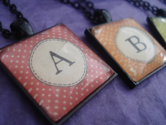  Personalized Initial Glass Pendant with Necklace Monogram andWhite Polka Dots