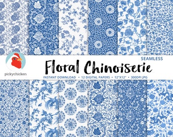 Blue Chinoiserie Floral Digital Paper