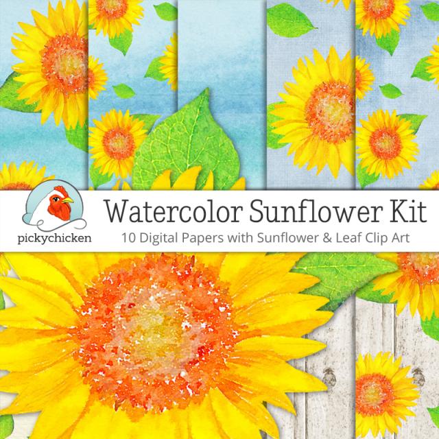 Watercolor Sunflower Digital Paper & Clip Art