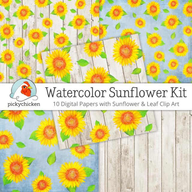 Watercolor Sunflower Digital Paper & Clip Art