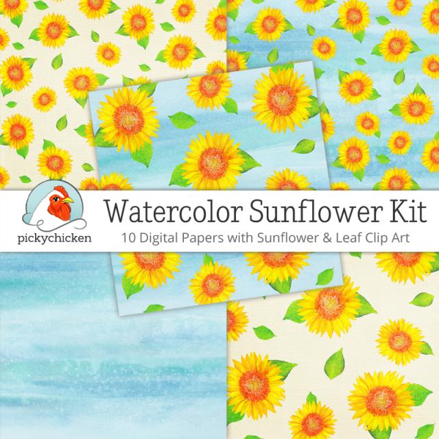 Watercolor Sunflower Digital Paper & Clip Art